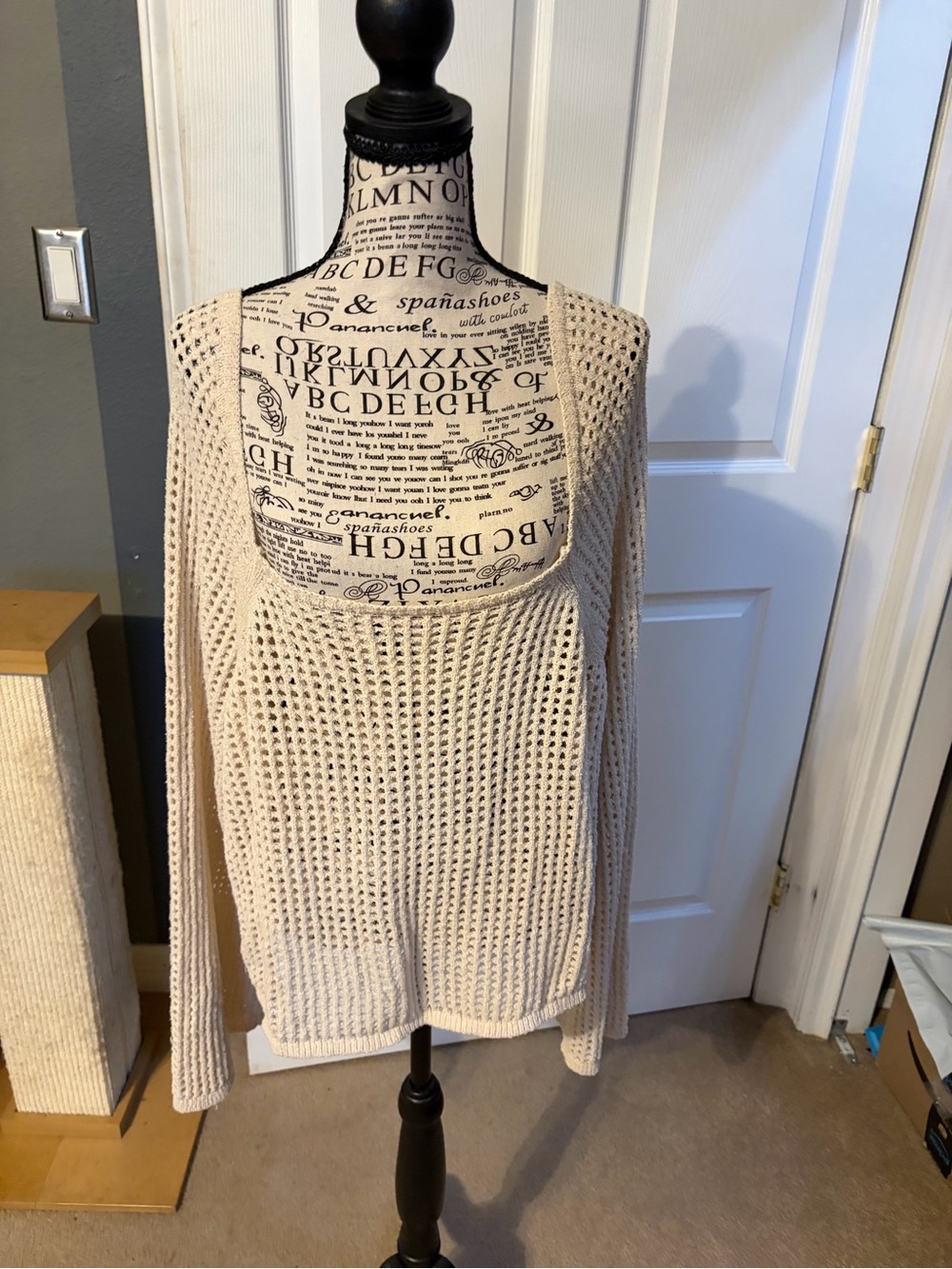 Light Beige Open-Knit Women's Sweater - Classic Scoop Neck